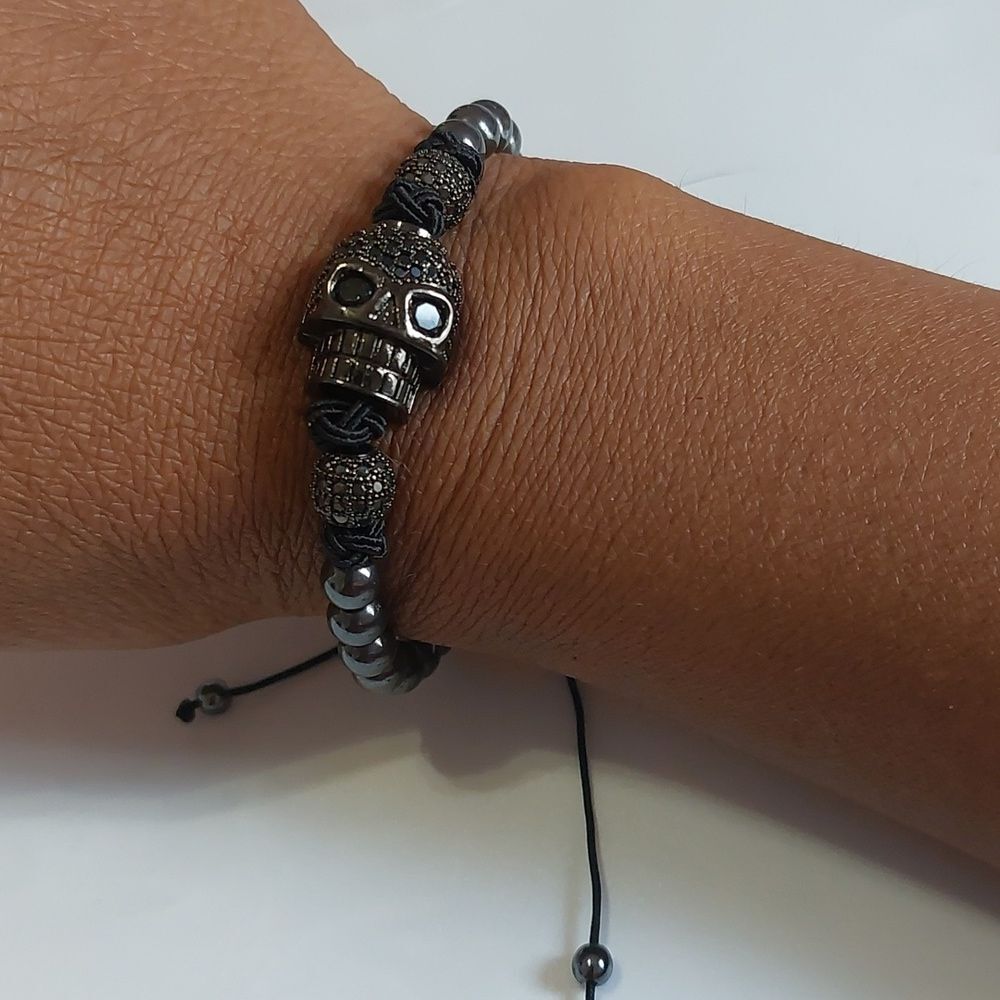 Gothic Skull Black Gunmetal Tone Shamballa Style Bracelet - Picture 4 of 5